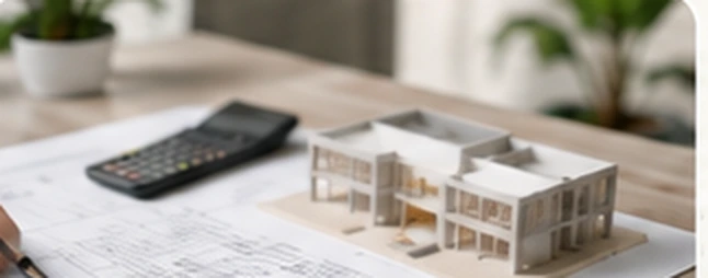 Maqueta arquitectónica sobre planos de diseño técnico